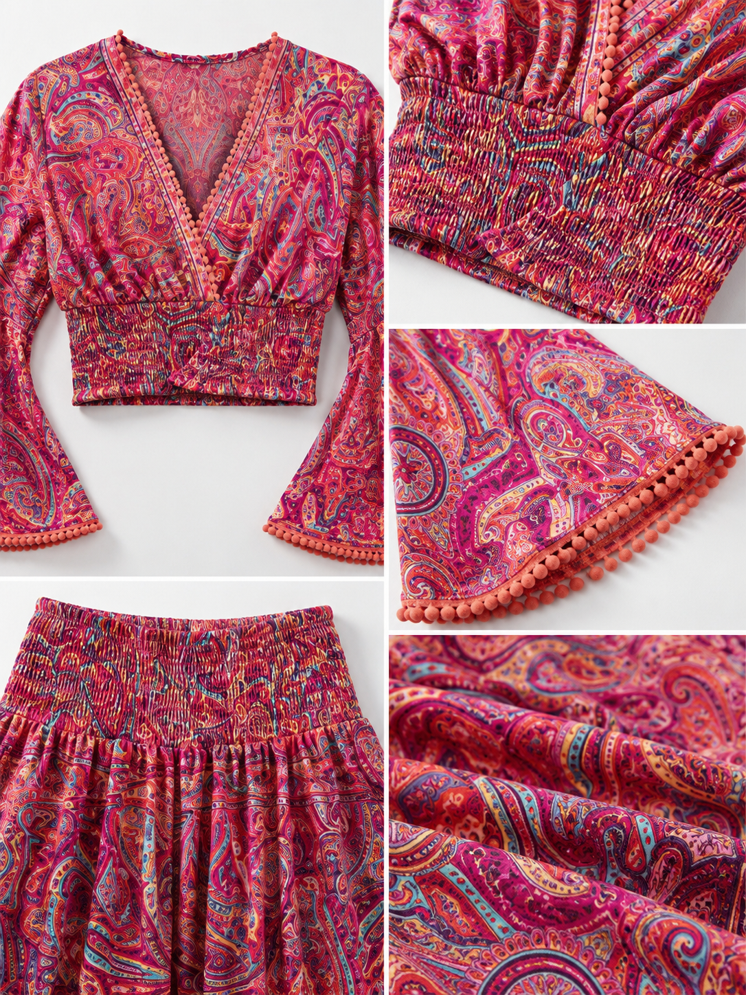 Ensemble deux pièces bohème à imprimé cachemire – Rose
