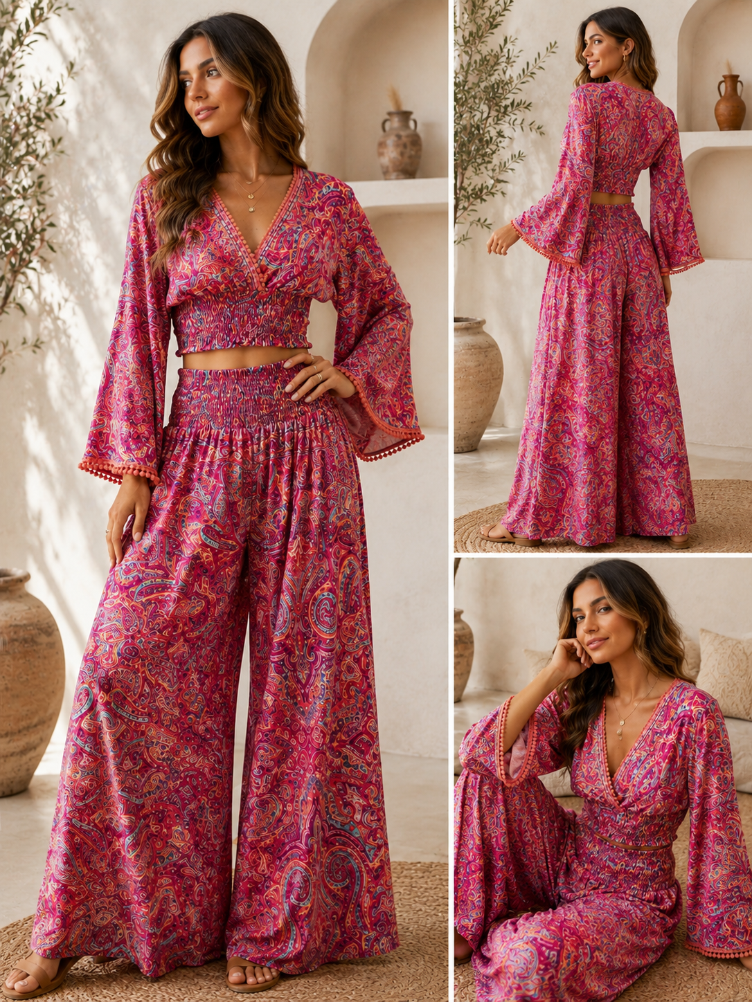 Ensemble deux pièces bohème à imprimé cachemire – Rose