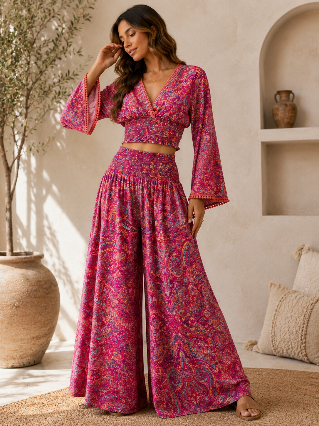 Ensemble deux pièces bohème à imprimé cachemire – Rose