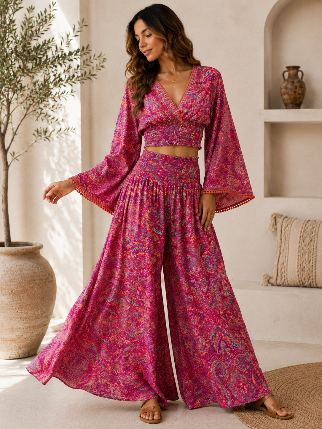 Ensemble deux pièces bohème à imprimé cachemire – Rose