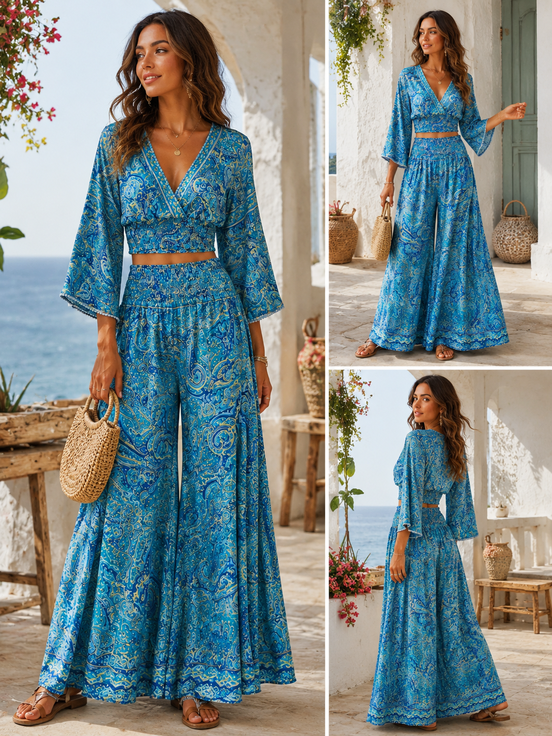 Ensemble deux pièces imprimé cachemire bohème – Bleu
