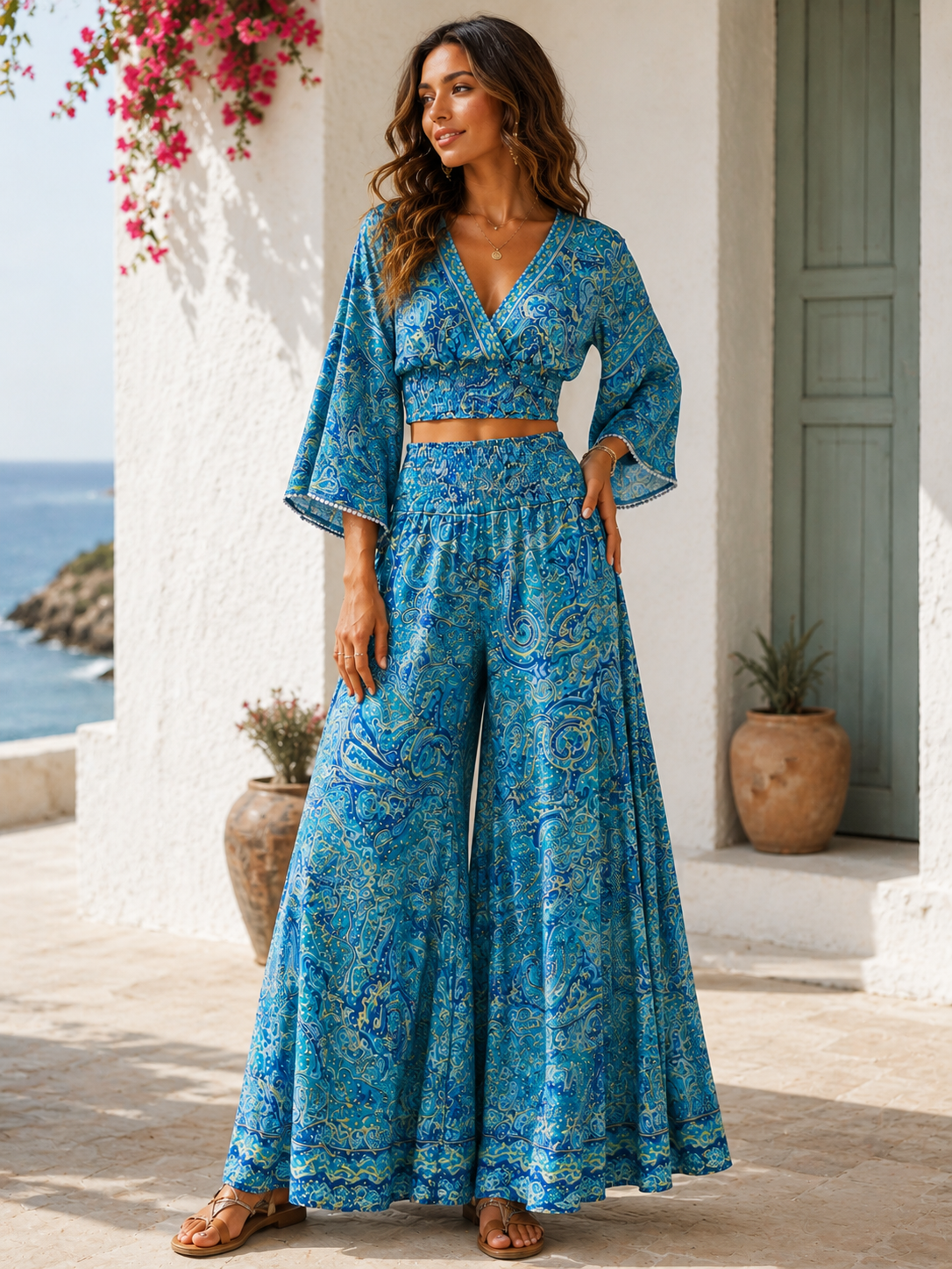 Ensemble deux pièces imprimé cachemire bohème – Bleu