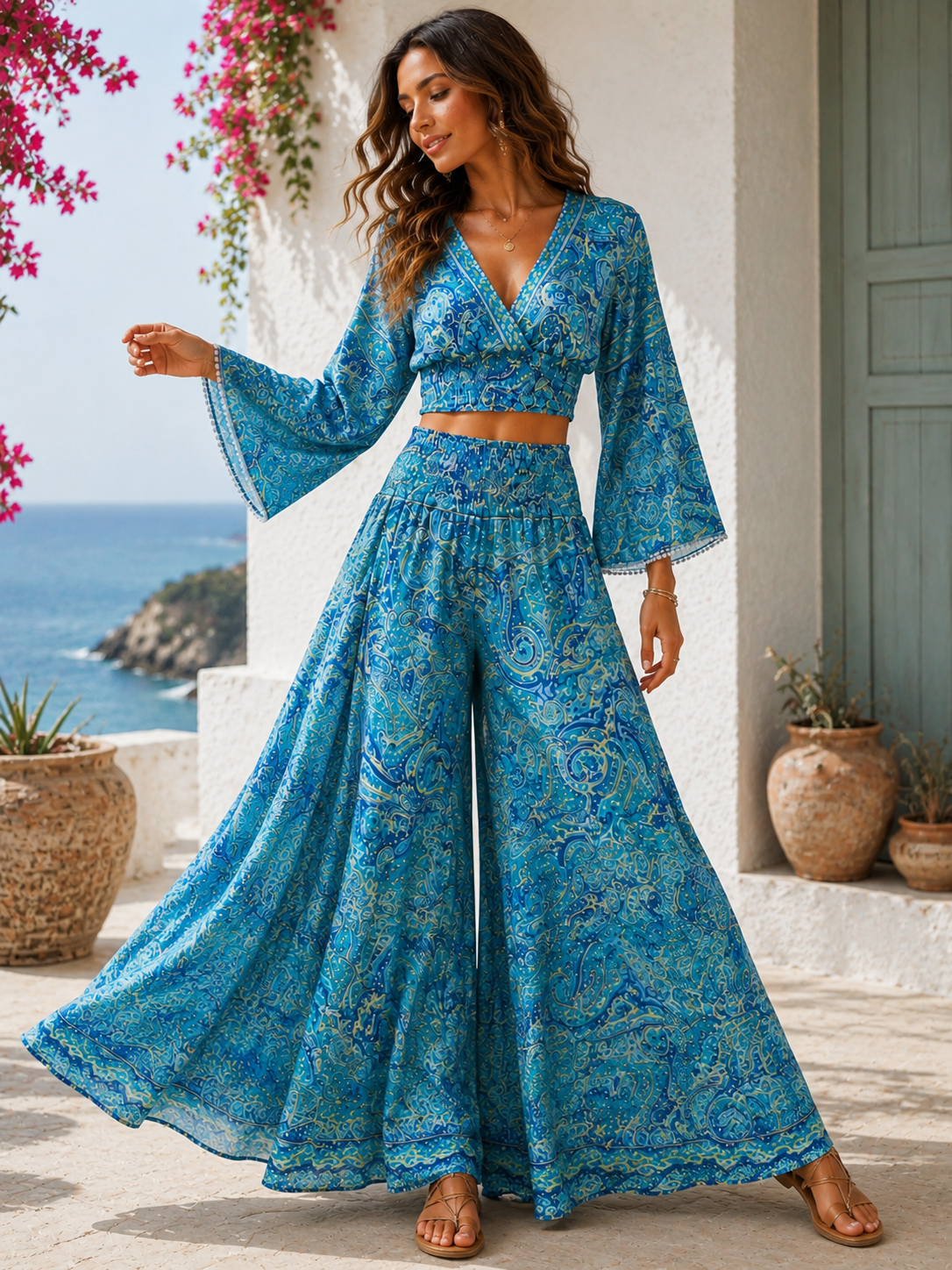 Ensemble deux pièces imprimé cachemire bohème – Bleu