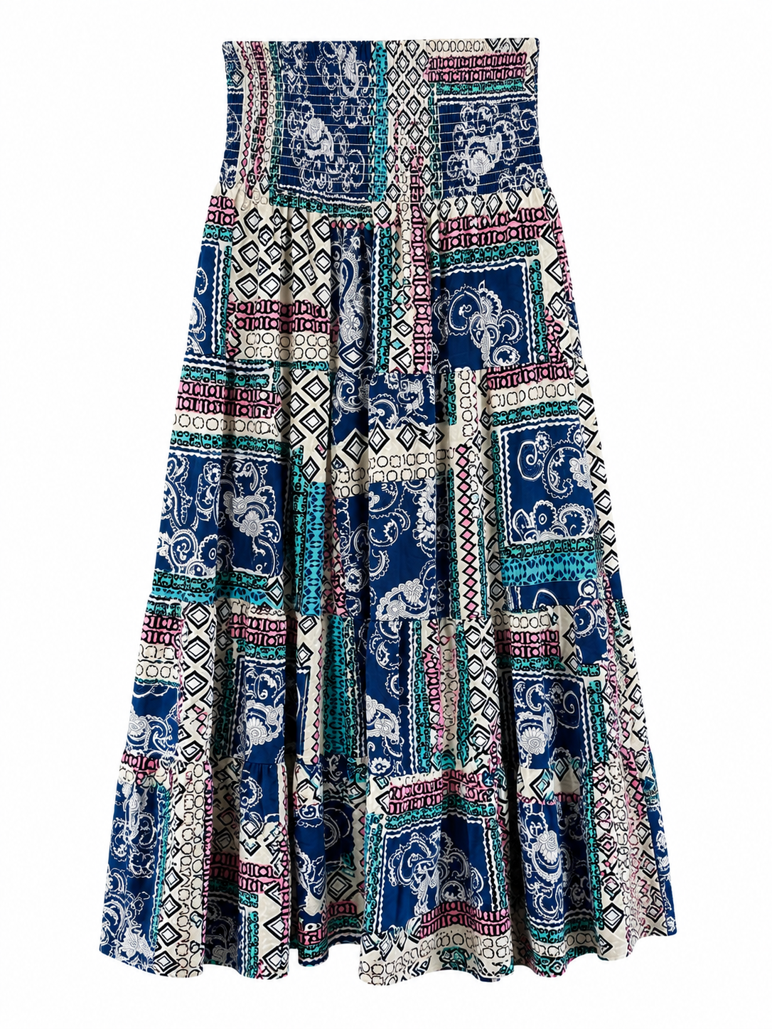 Jupe longue bohème en patchwork imprimé – Bleu roi