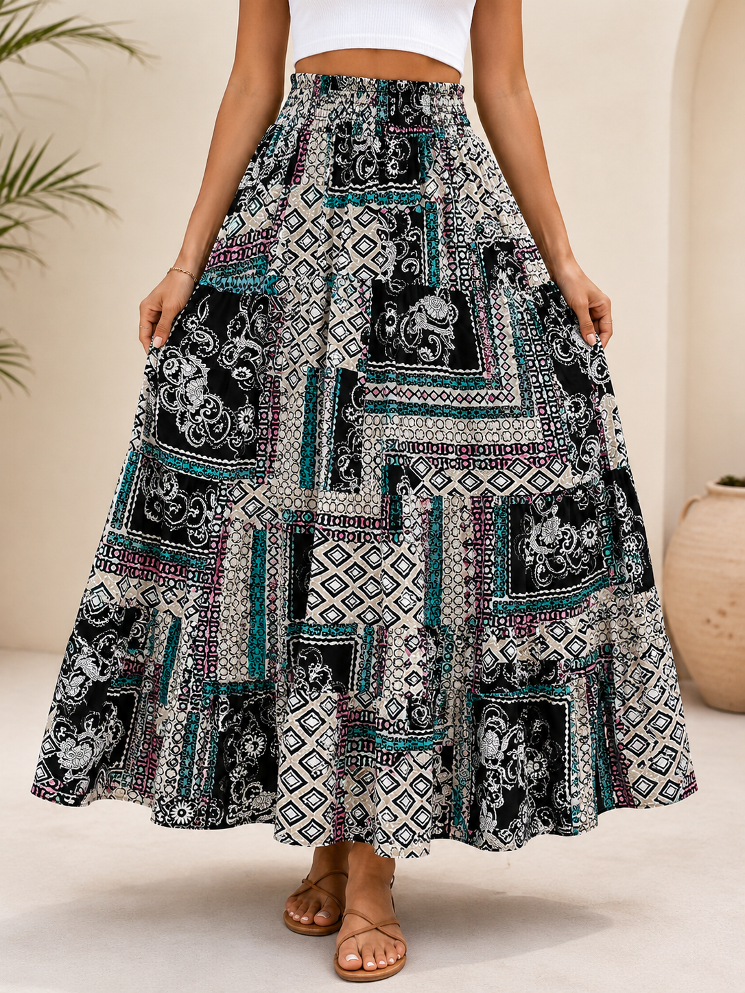 Jupe longue bohème en patchwork imprimé – Noir