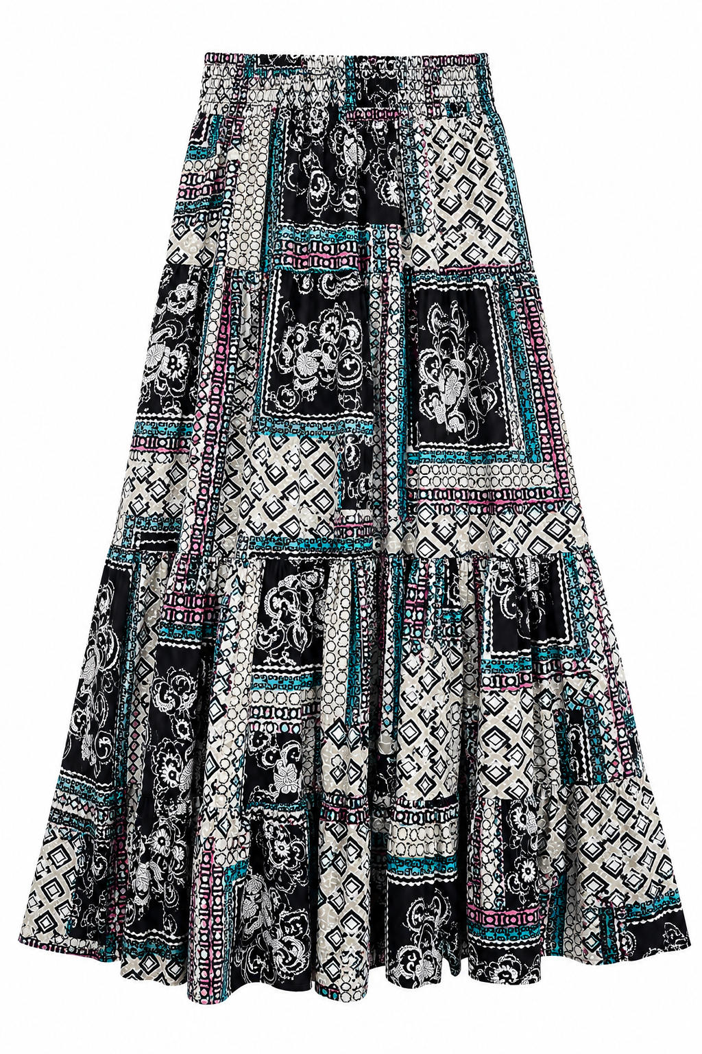 Jupe longue bohème en patchwork imprimé – Noir