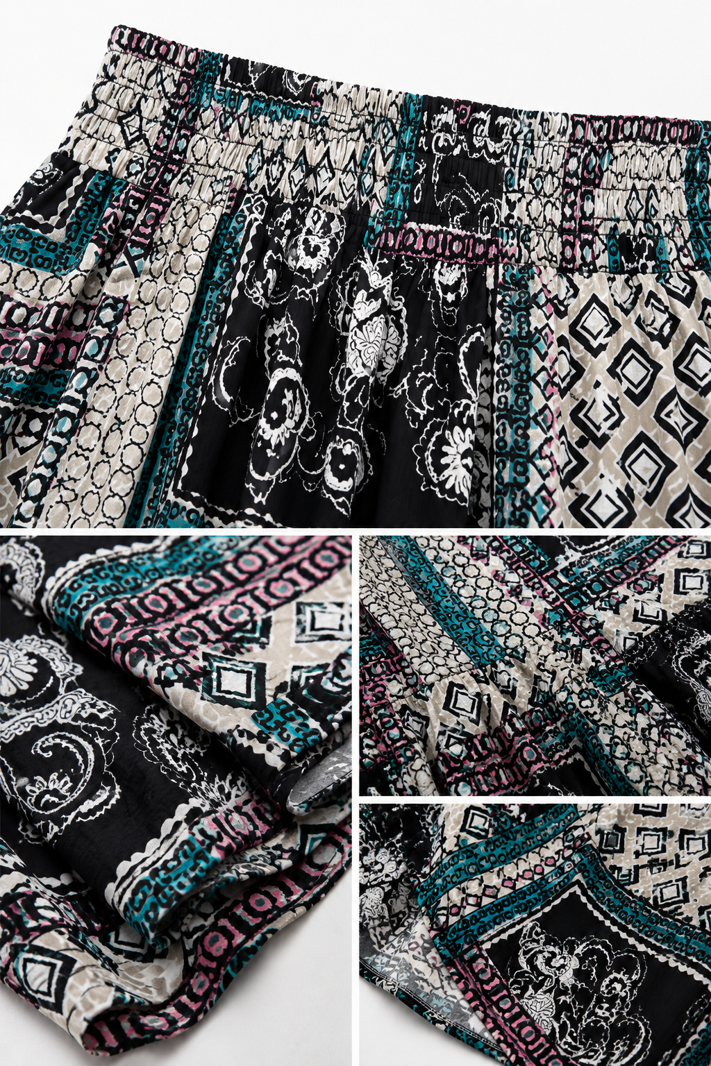 Jupe longue bohème en patchwork imprimé – Noir