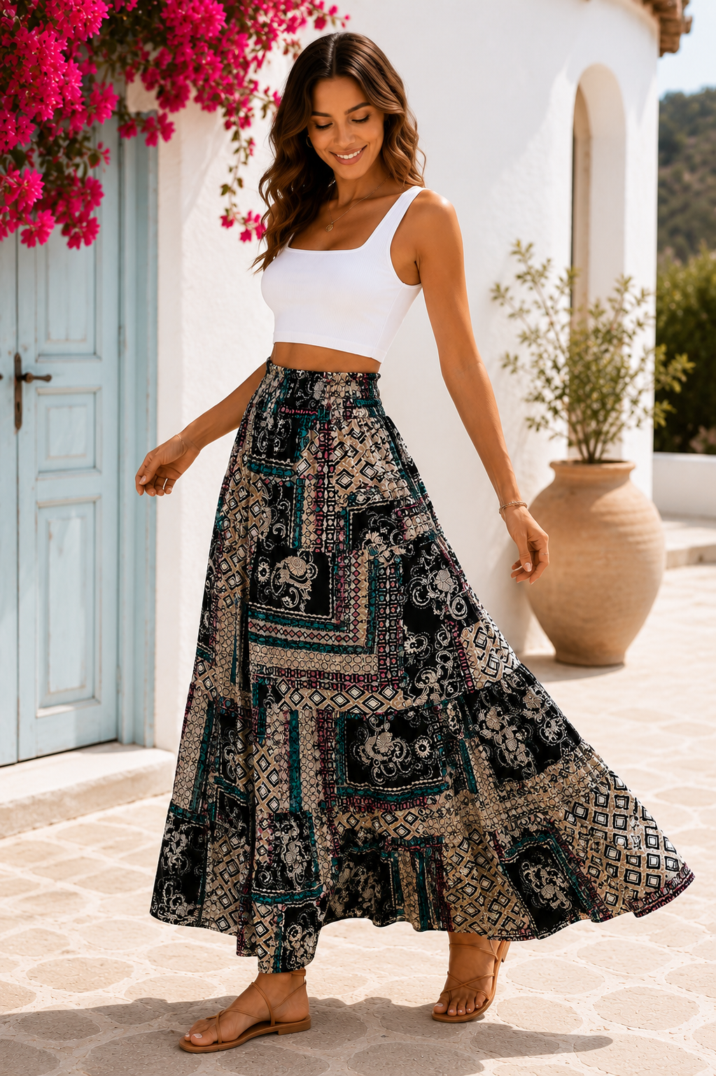 Jupe longue bohème en patchwork imprimé – Noir