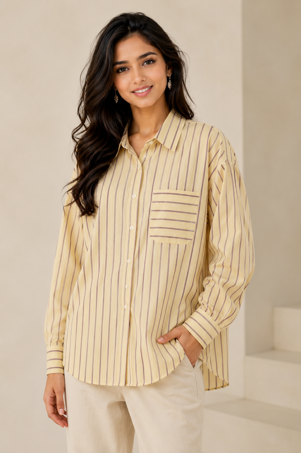 Oversized Striped Cotton Shirt – Yellow
