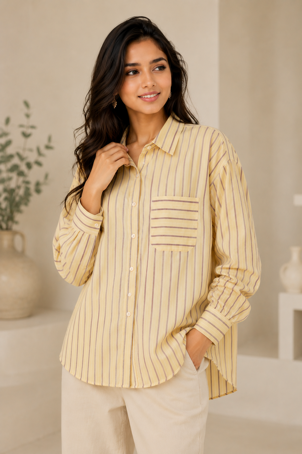 Oversized Striped Cotton Shirt – Yellow