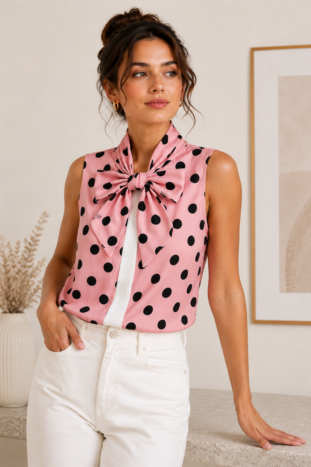 Polka-Dot Bow Taille Unique Blouse