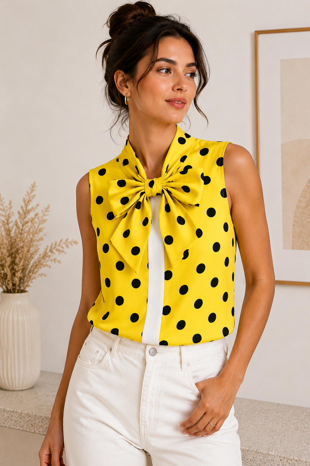 Yellow Polka-Dot Bow Taille Unique Blouse
