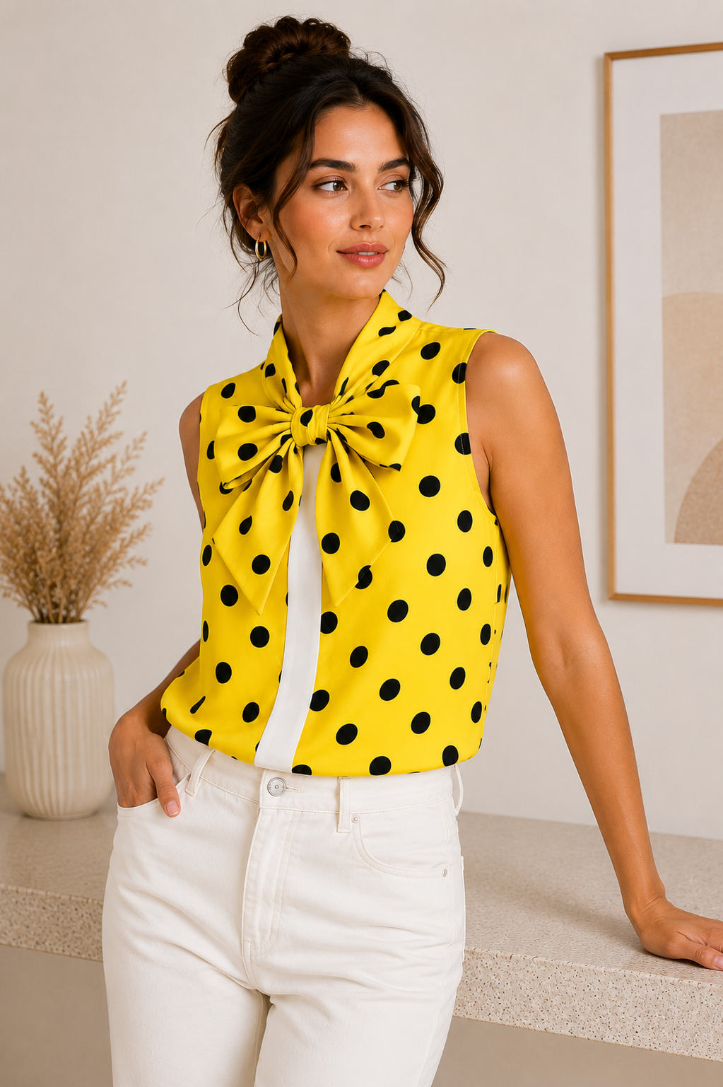 Yellow Polka-Dot Bow Taille Unique Blouse