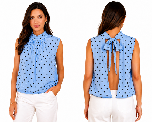 Blue Polka Dot Sleeveless Taille Unique Blouse