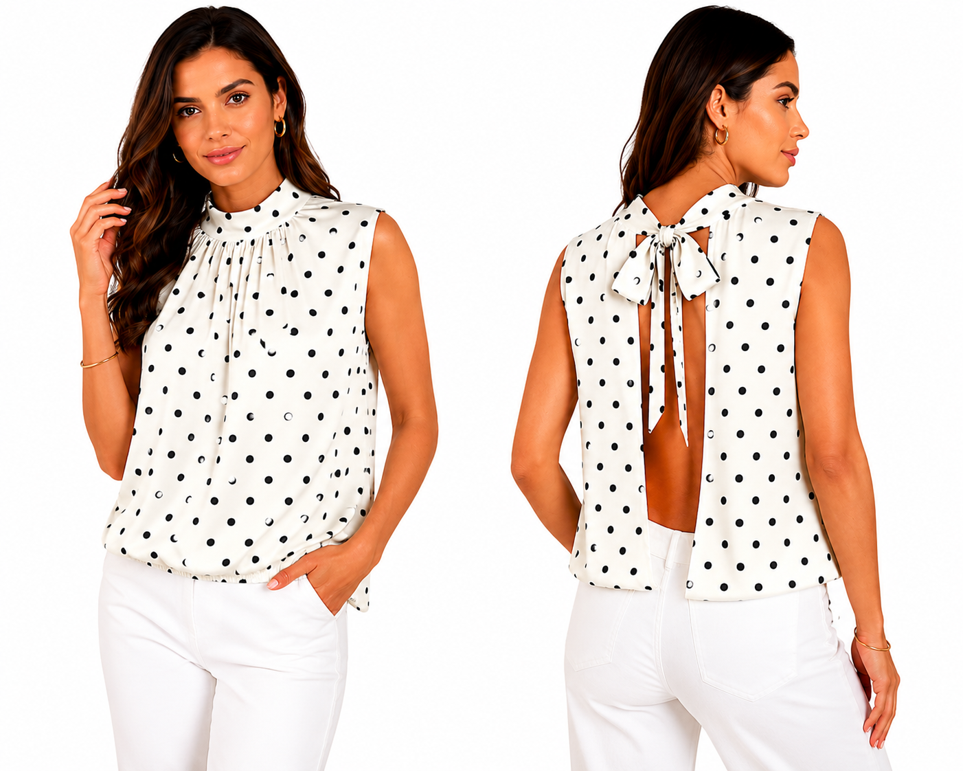 Blouse sans manches à pois blancs, taille unique