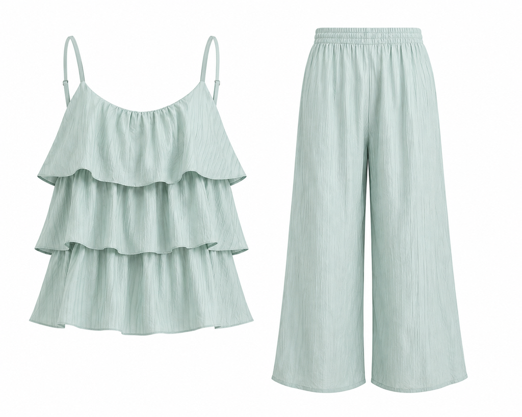 Mint Green Tiered Cami Top & Wide-Leg Trouser Set