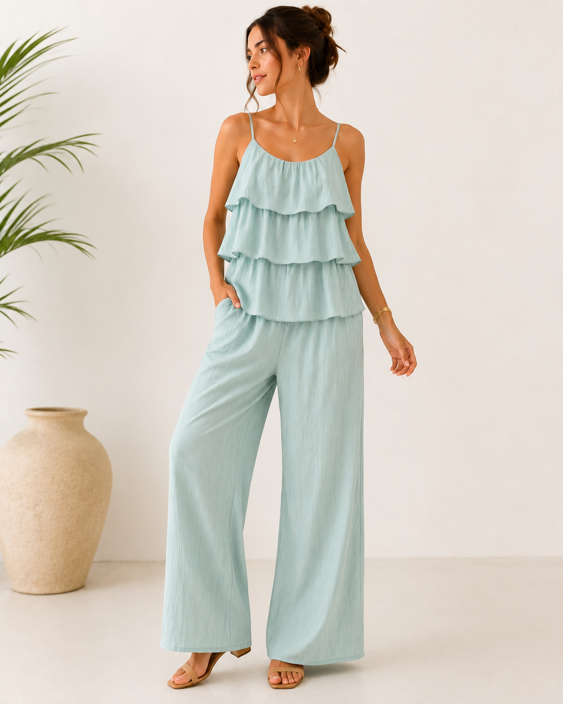 Ensemble caraco étagé et pantalon large vert menthe