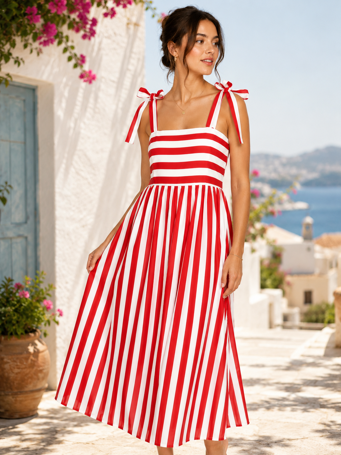 Robe longue d'été à rayures rouges et blanches avec épaules à nouer