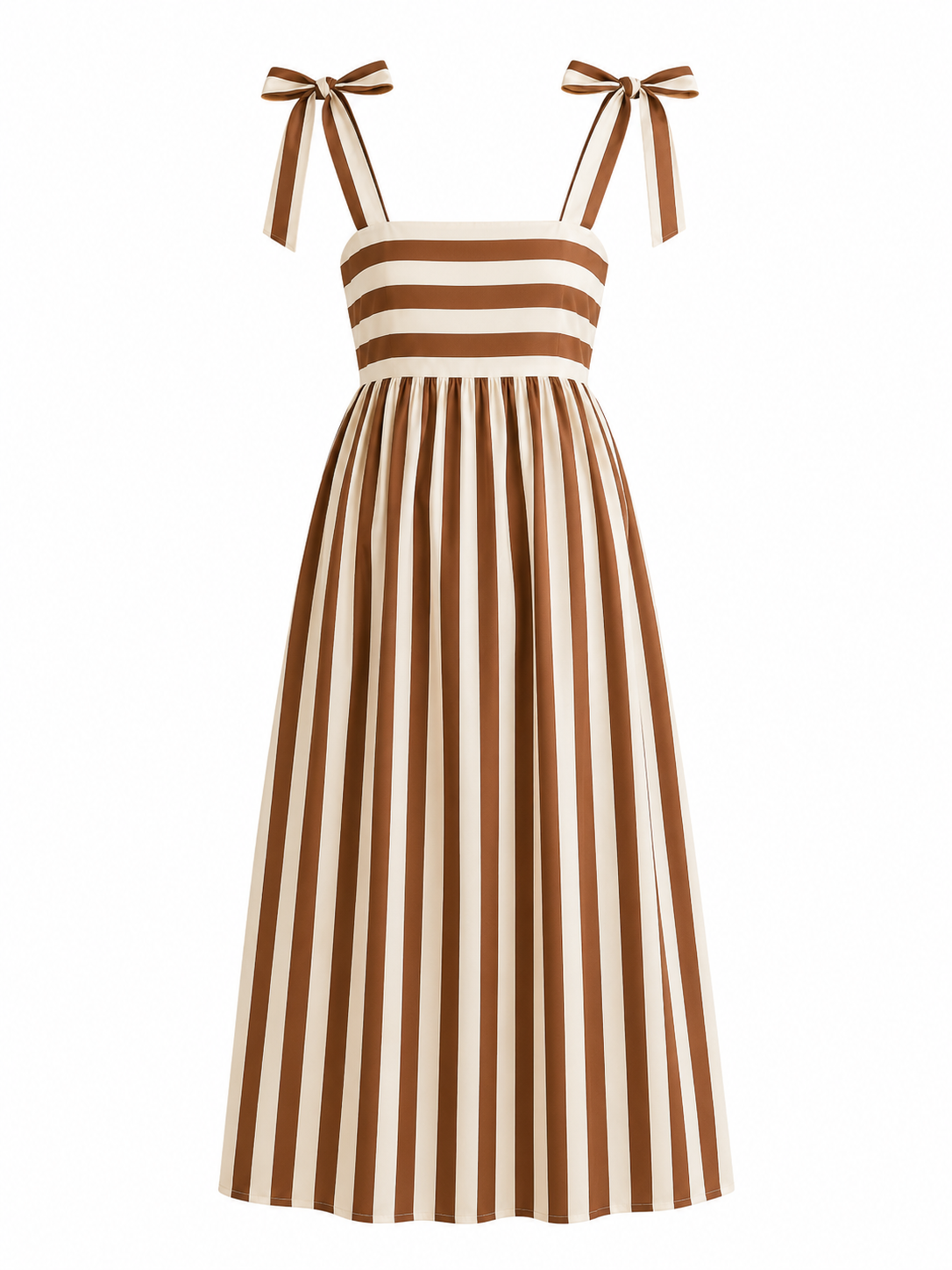 Robe longue rayée marron et crème à nouer sur les épaules