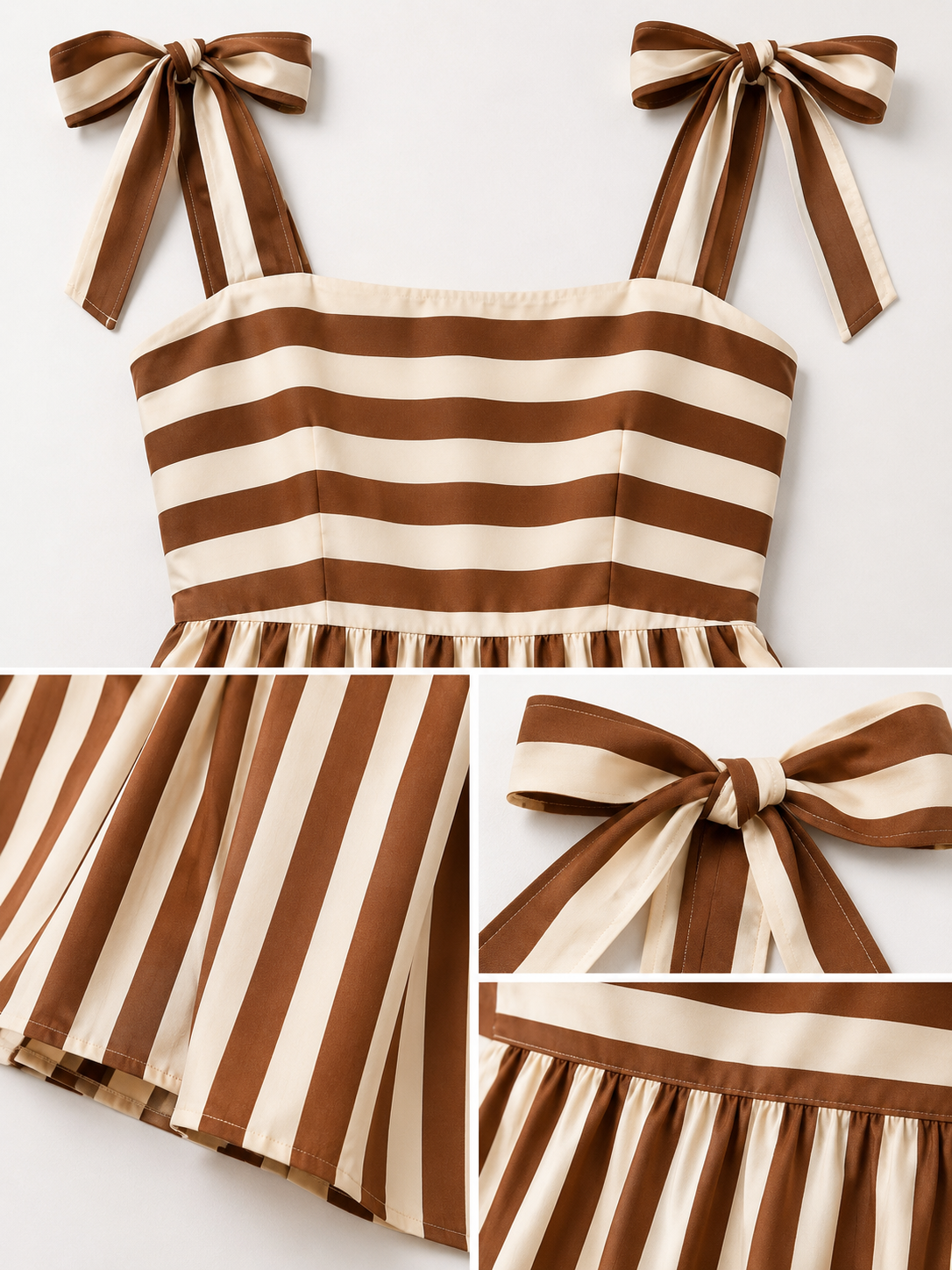 Robe longue rayée marron et crème à nouer sur les épaules