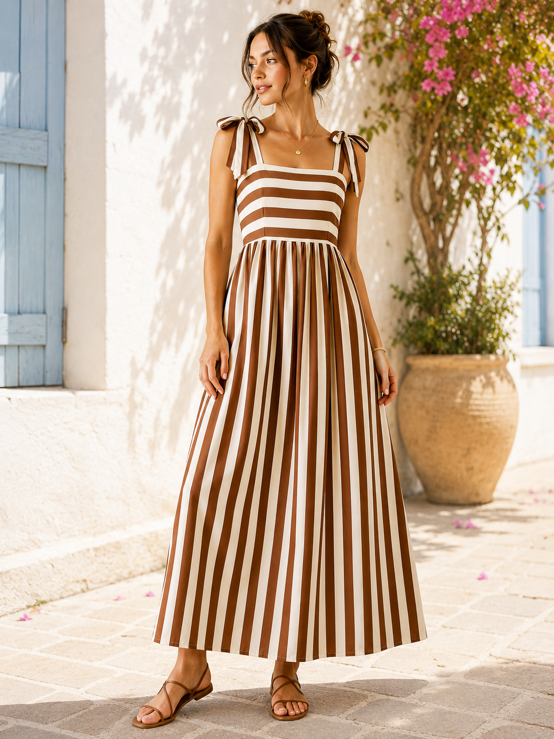 Robe longue rayée marron et crème à nouer sur les épaules