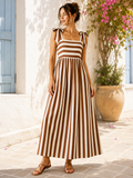 Brown & Cream Striped Tie-Shoulder Maxi Dress