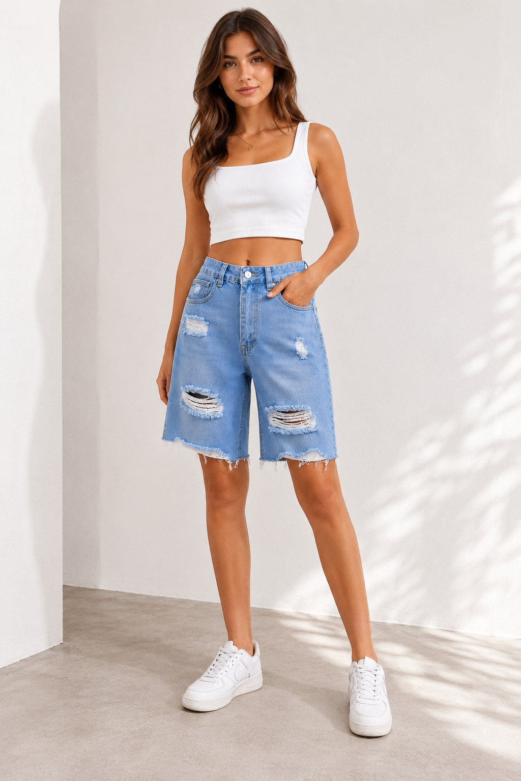 High-Waisted Ripped Denim Shorts