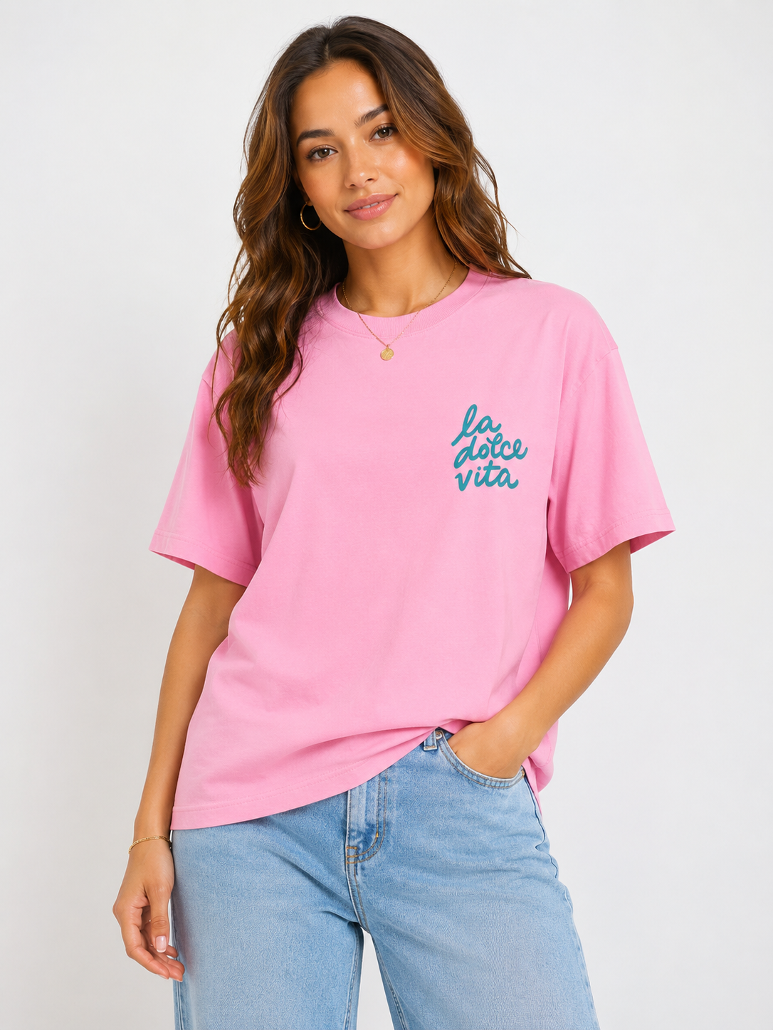 T-shirt oversize rose à motif La Dolce Vita
