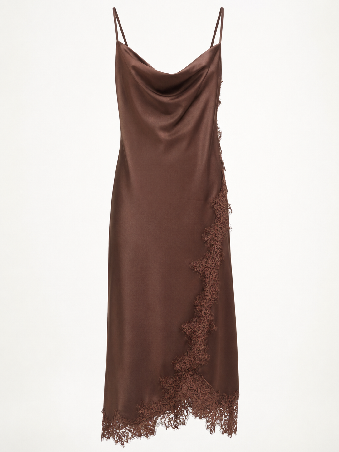 Robe mi-longue en satin marron chocolat avec dentelle