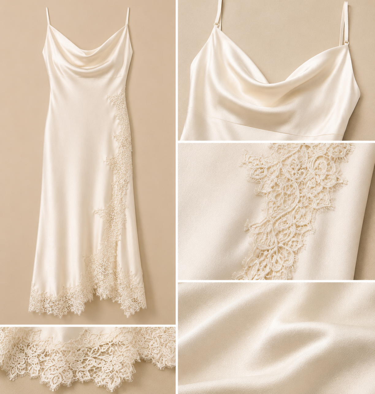 Robe nuisette mi-longue en satin ivoire et dentelle