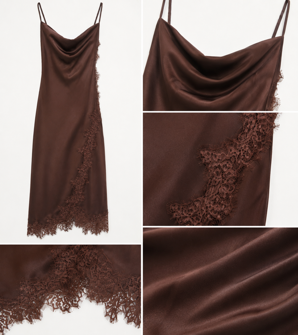 Robe mi-longue en satin marron chocolat avec dentelle