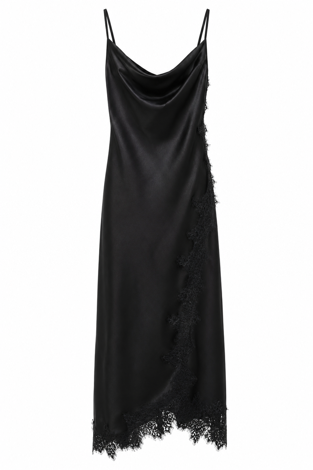 Robe nuisette mi-longue en satin noir et dentelle