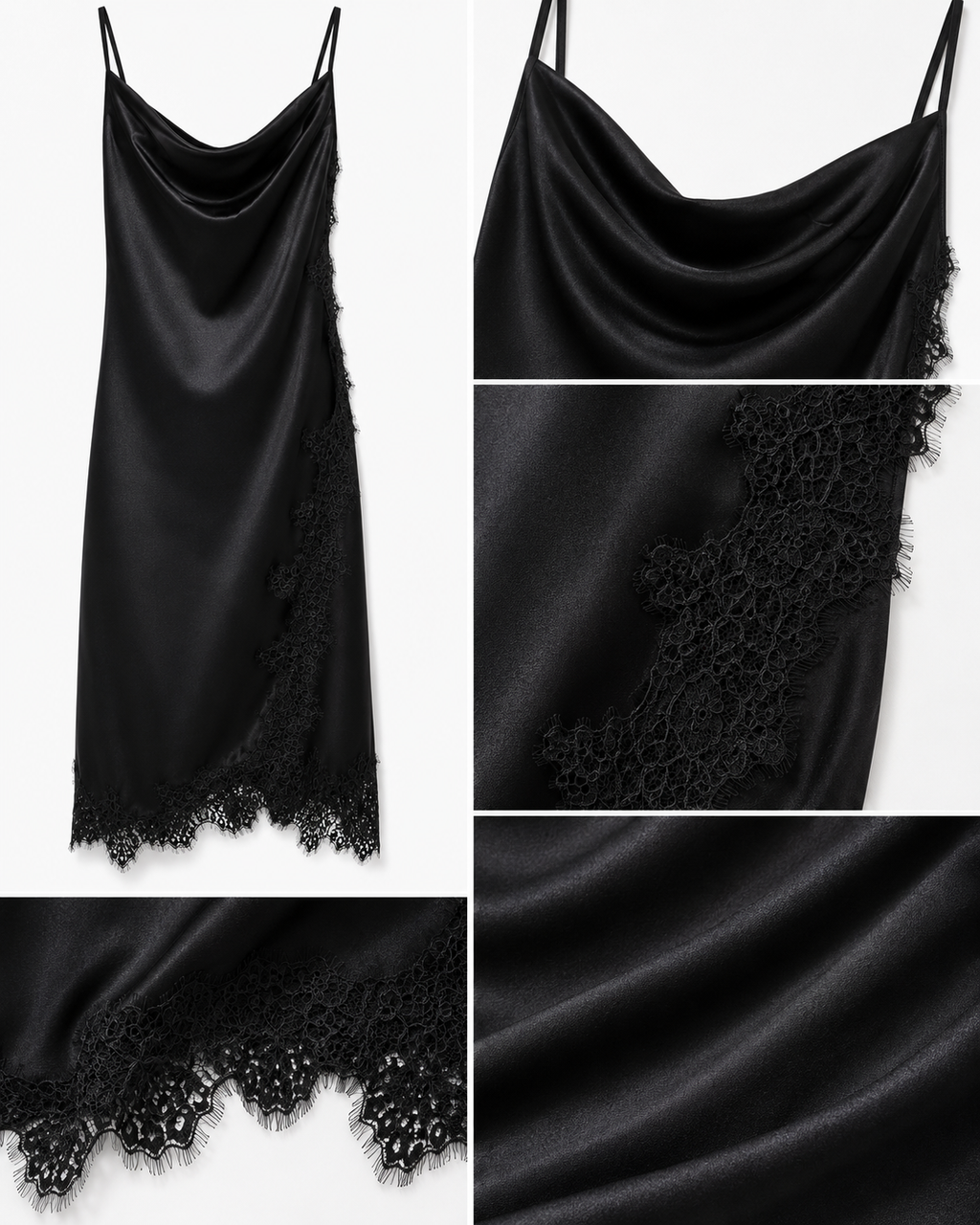 Black Satin Lace Slip Midi Dress