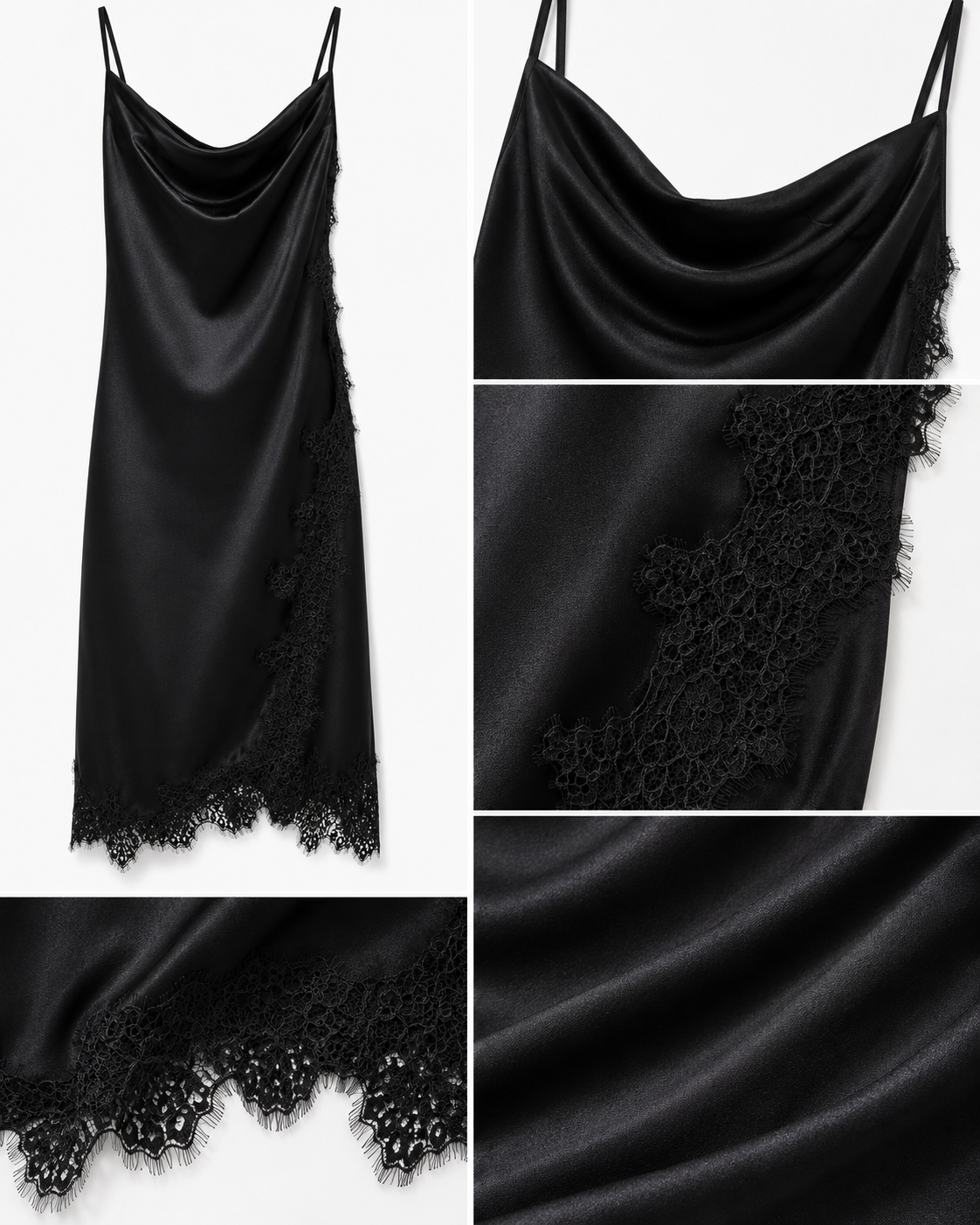 Robe nuisette mi-longue en satin noir et dentelle