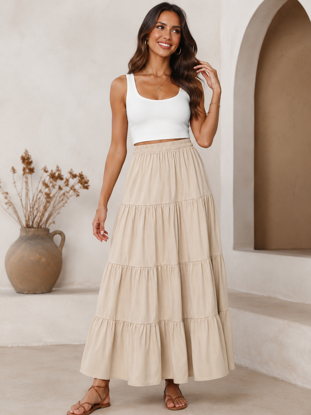 Jupe longue étagée beige