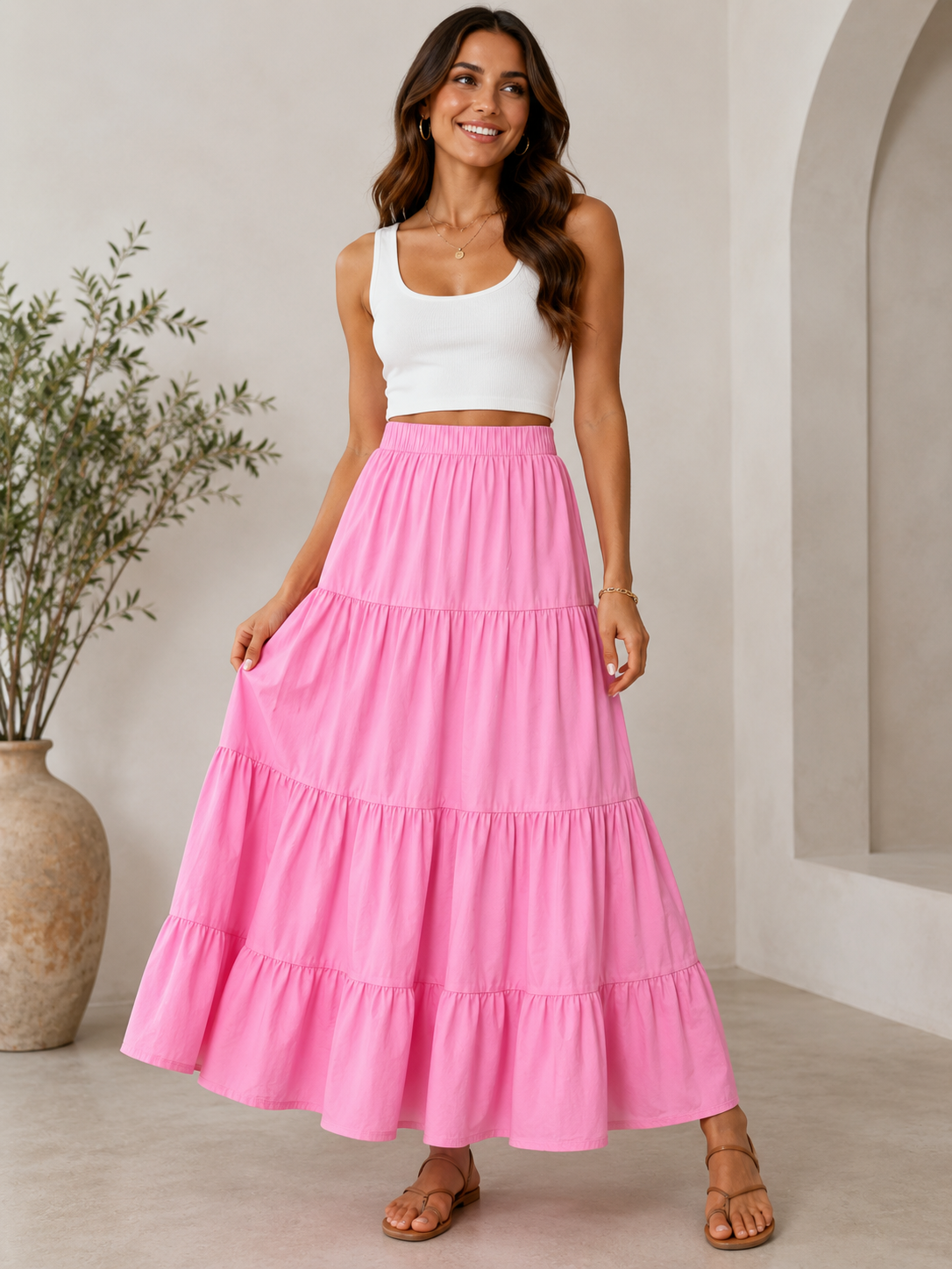Jupe longue étagée rose