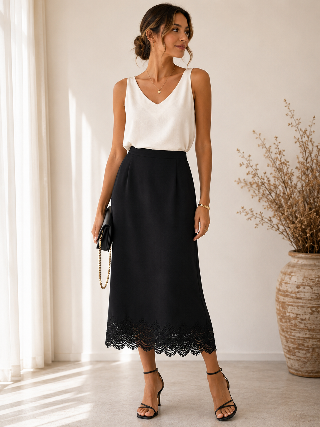 Jupe midi en dentelle noire