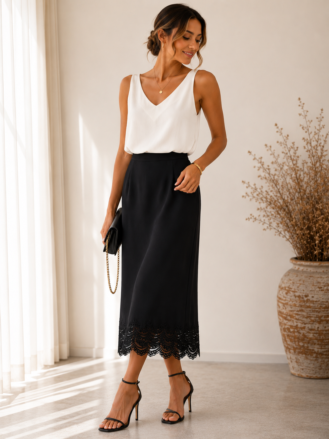 Jupe midi en dentelle noire