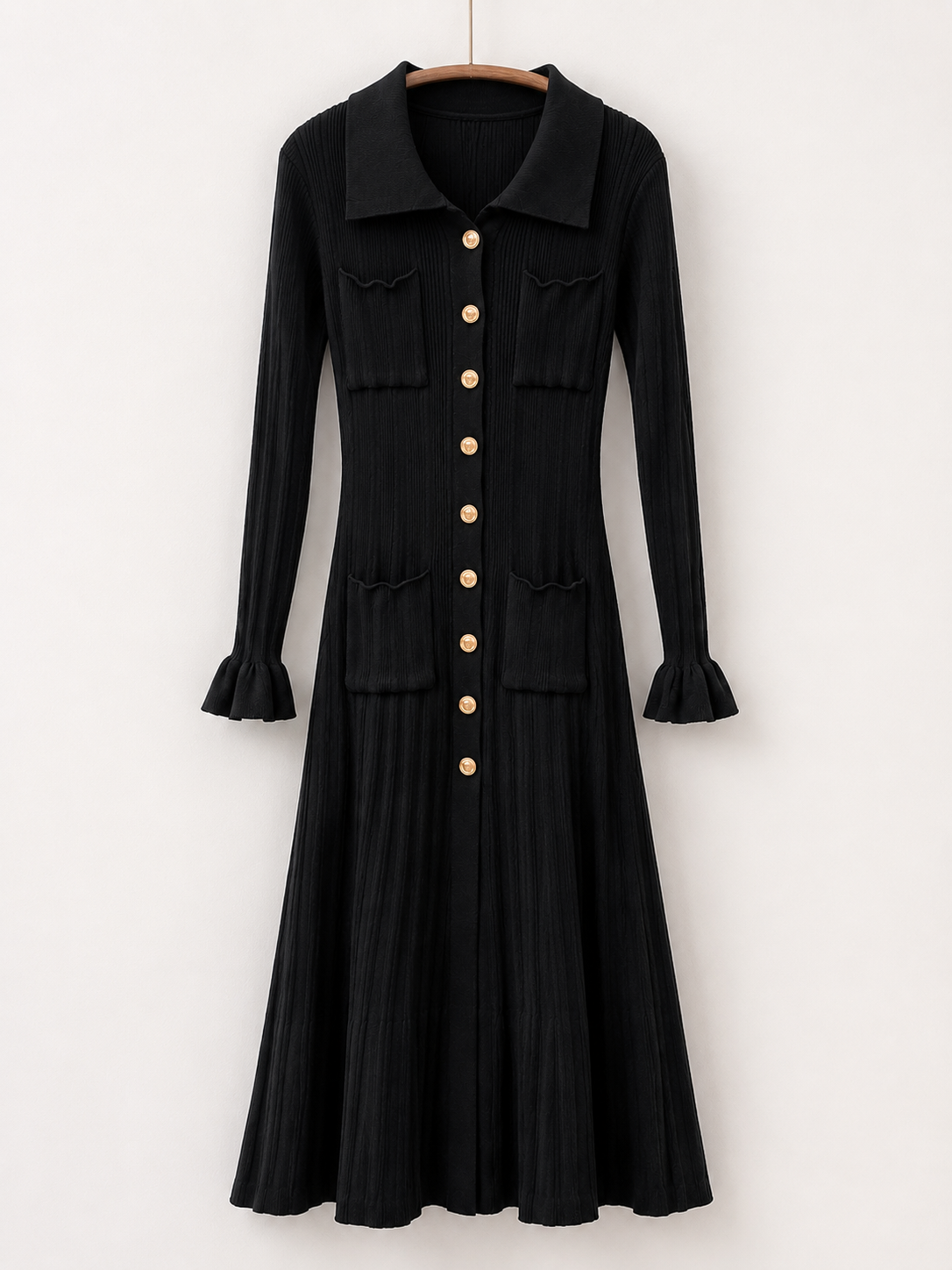 Black Ribbed Knit Shirt Dress