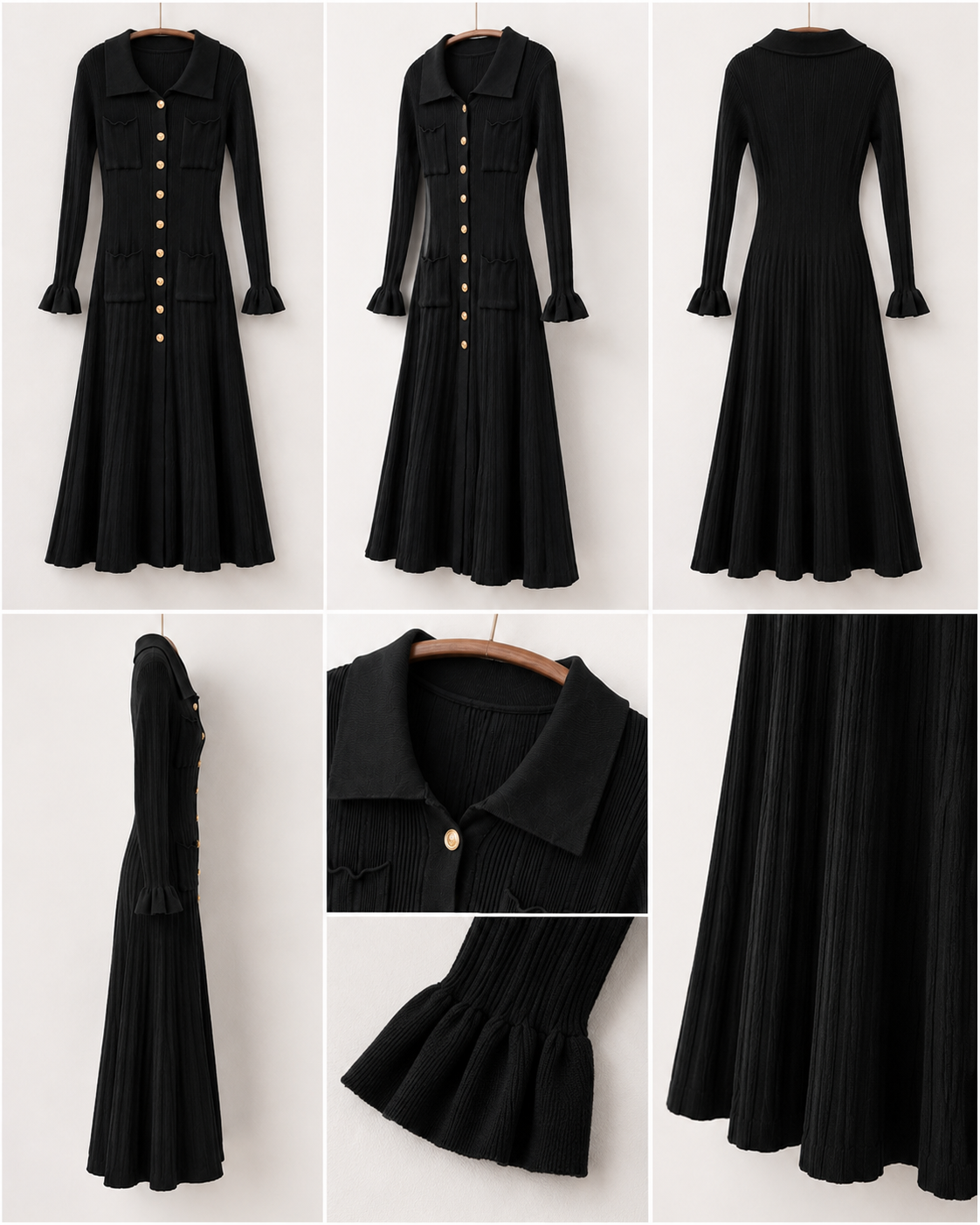 Black Ribbed Knit Shirt Dress