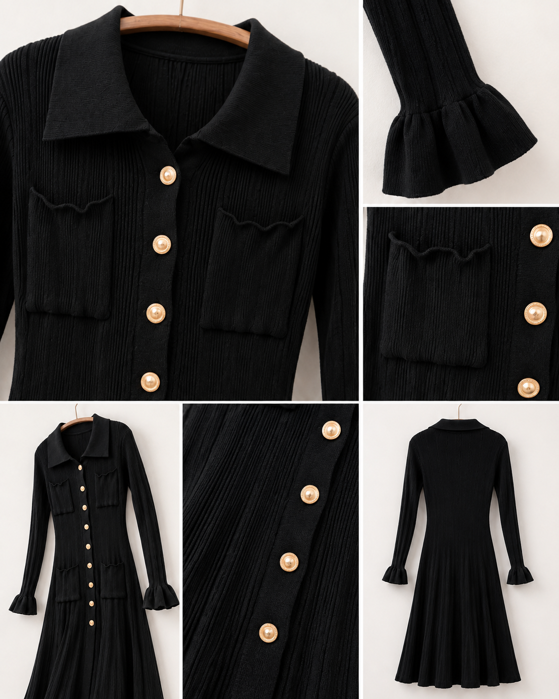 Black Ribbed Knit Shirt Dress