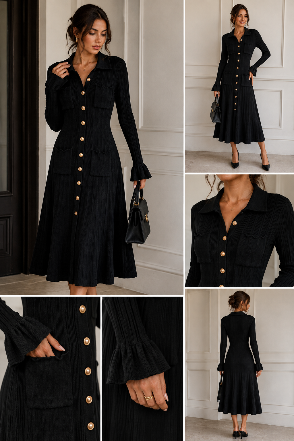 Black Ribbed Knit Shirt Dress
