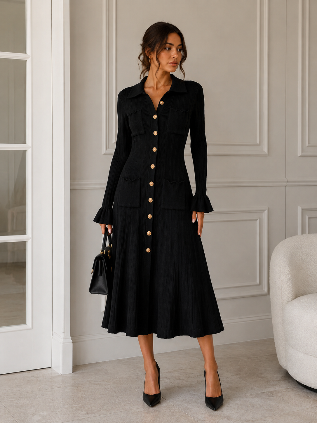 Schwarzes geripptes Strickkleid