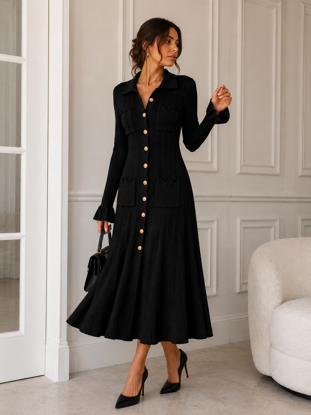 Black Ribbed Knit Shirt Dress