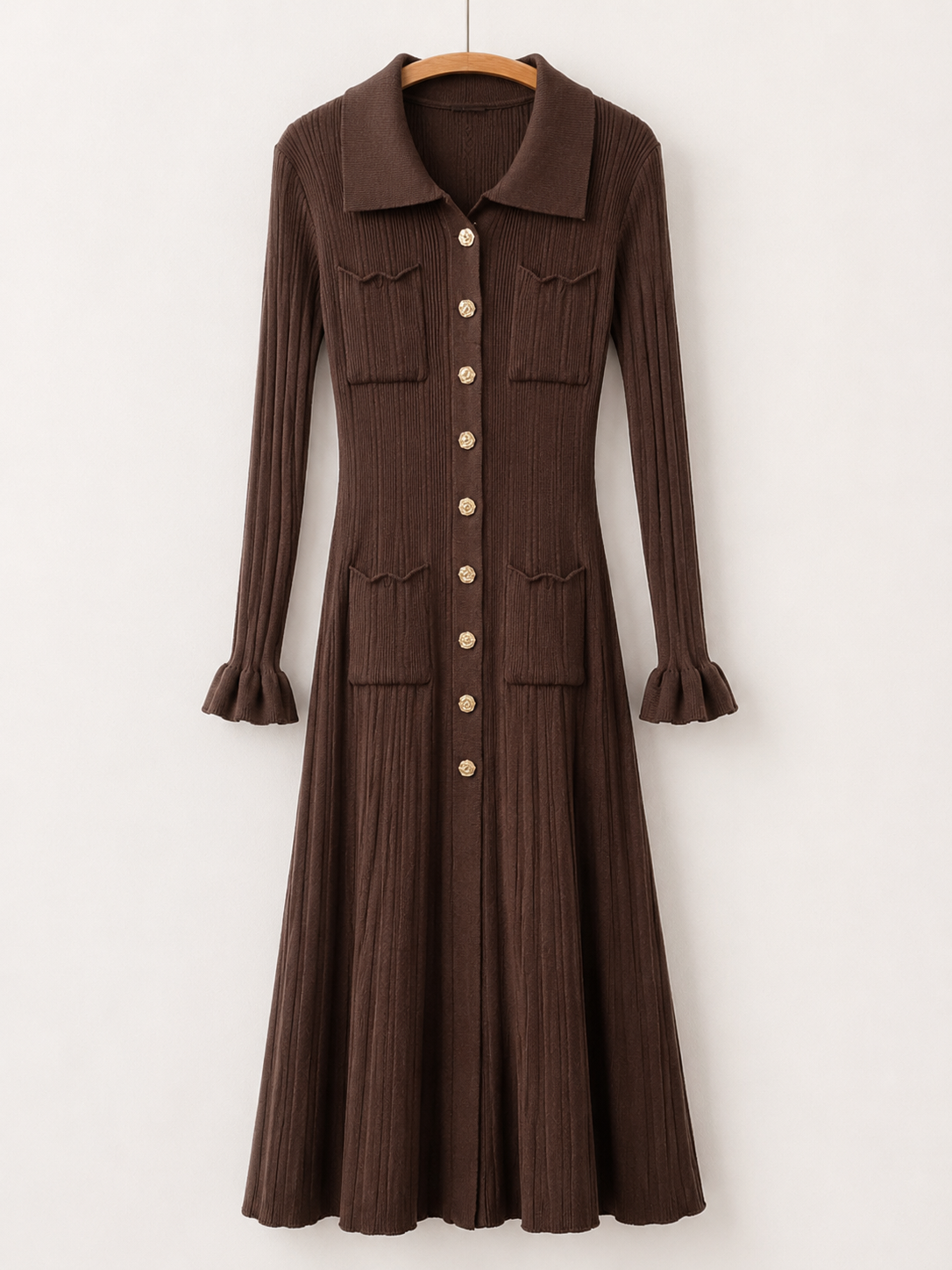 Robe-chemise en maille côtelée marron