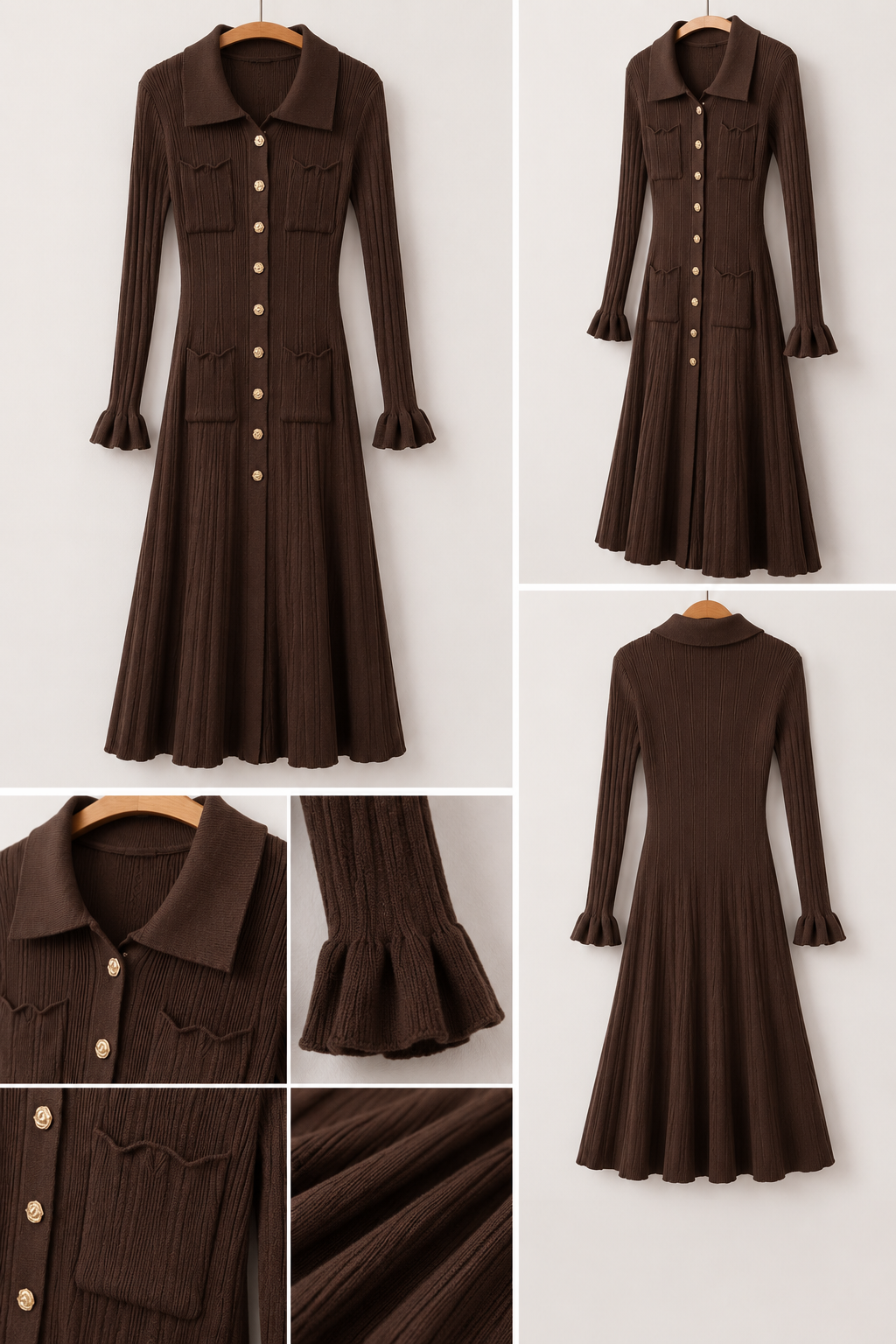 Robe-chemise en maille côtelée marron