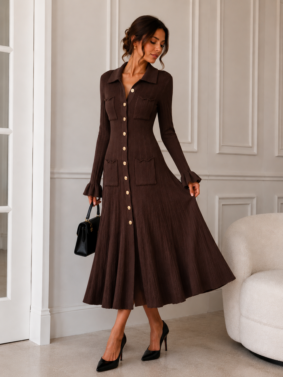 Robe-chemise en maille côtelée marron