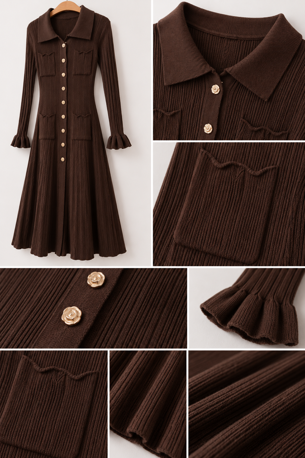 Robe-chemise en maille côtelée marron