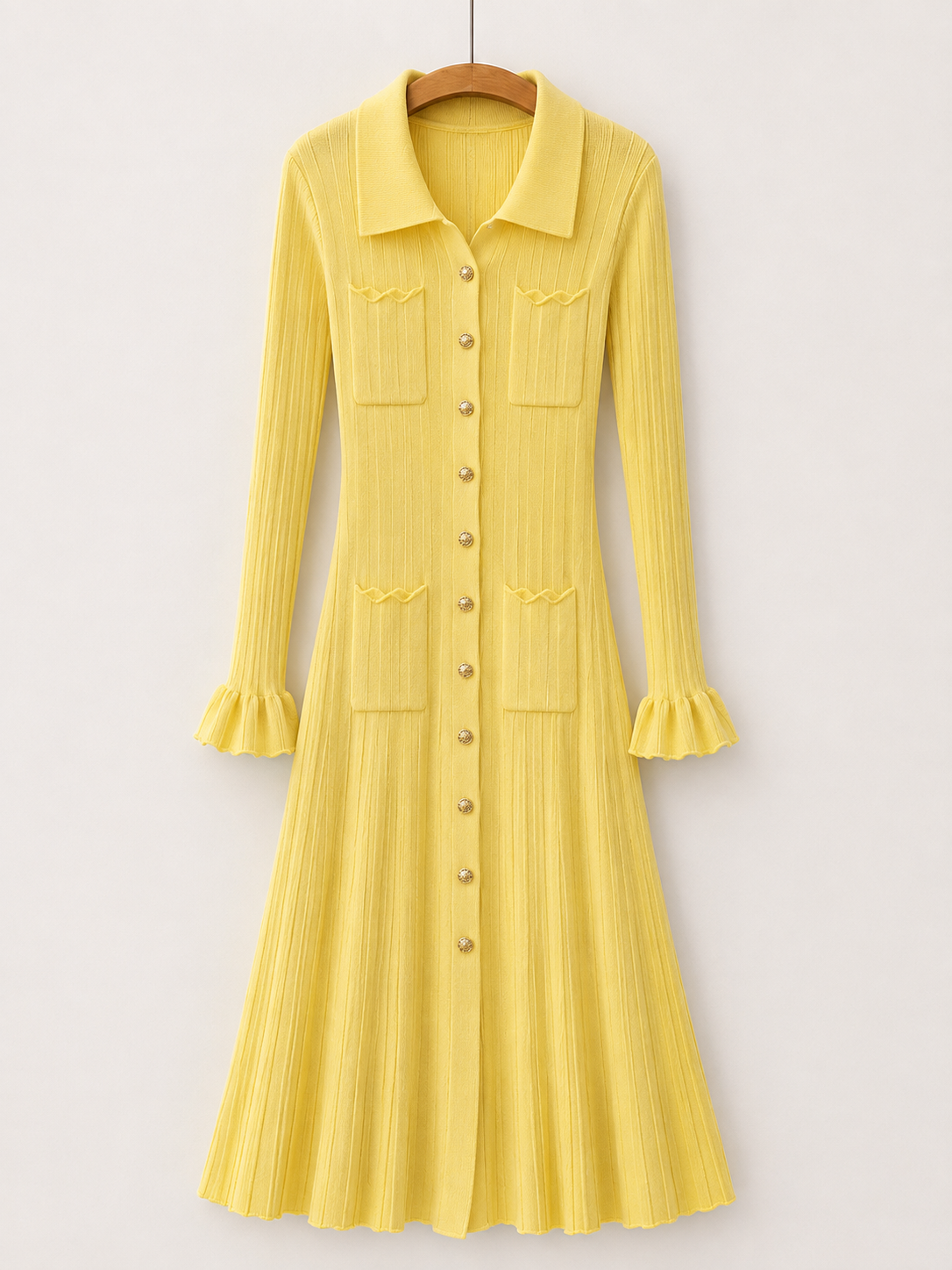 Yellow Ribbed Knit Shirt Dress
