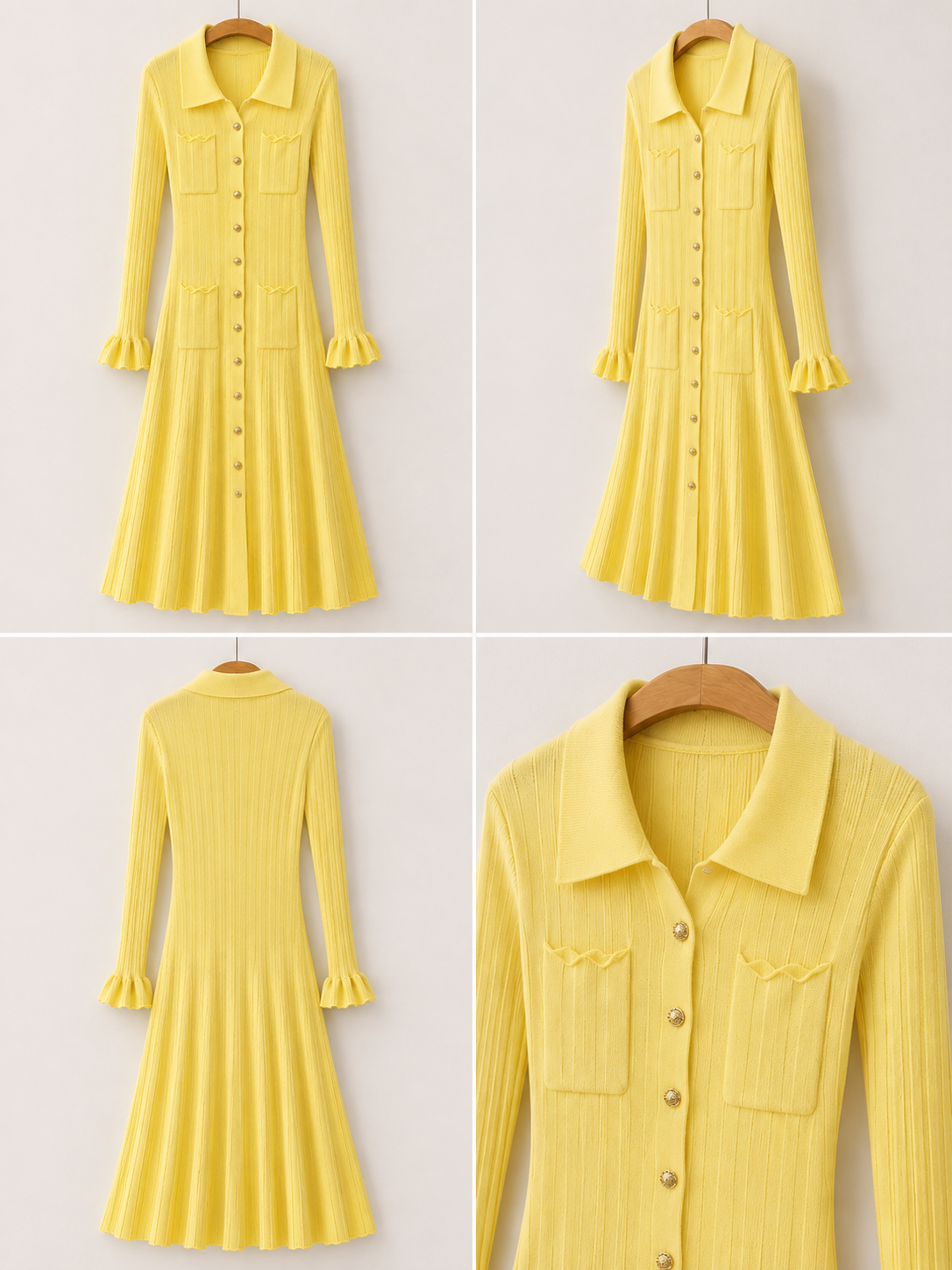 Yellow Ribbed Knit Shirt Dress